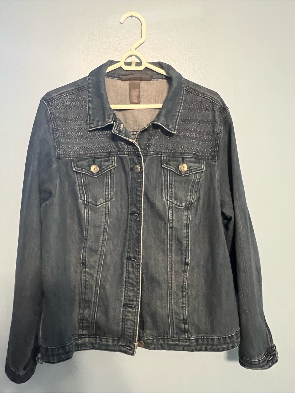 Avenue Washed Black Denim Jacket with Embroidered Yoke